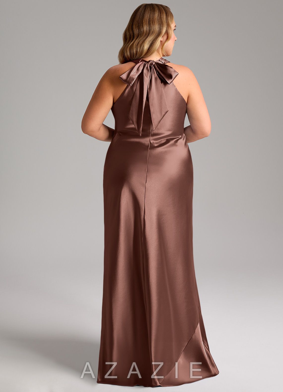 Azazie Doretta Espresso Mermaid Bow Metallic Satin Dress espresso