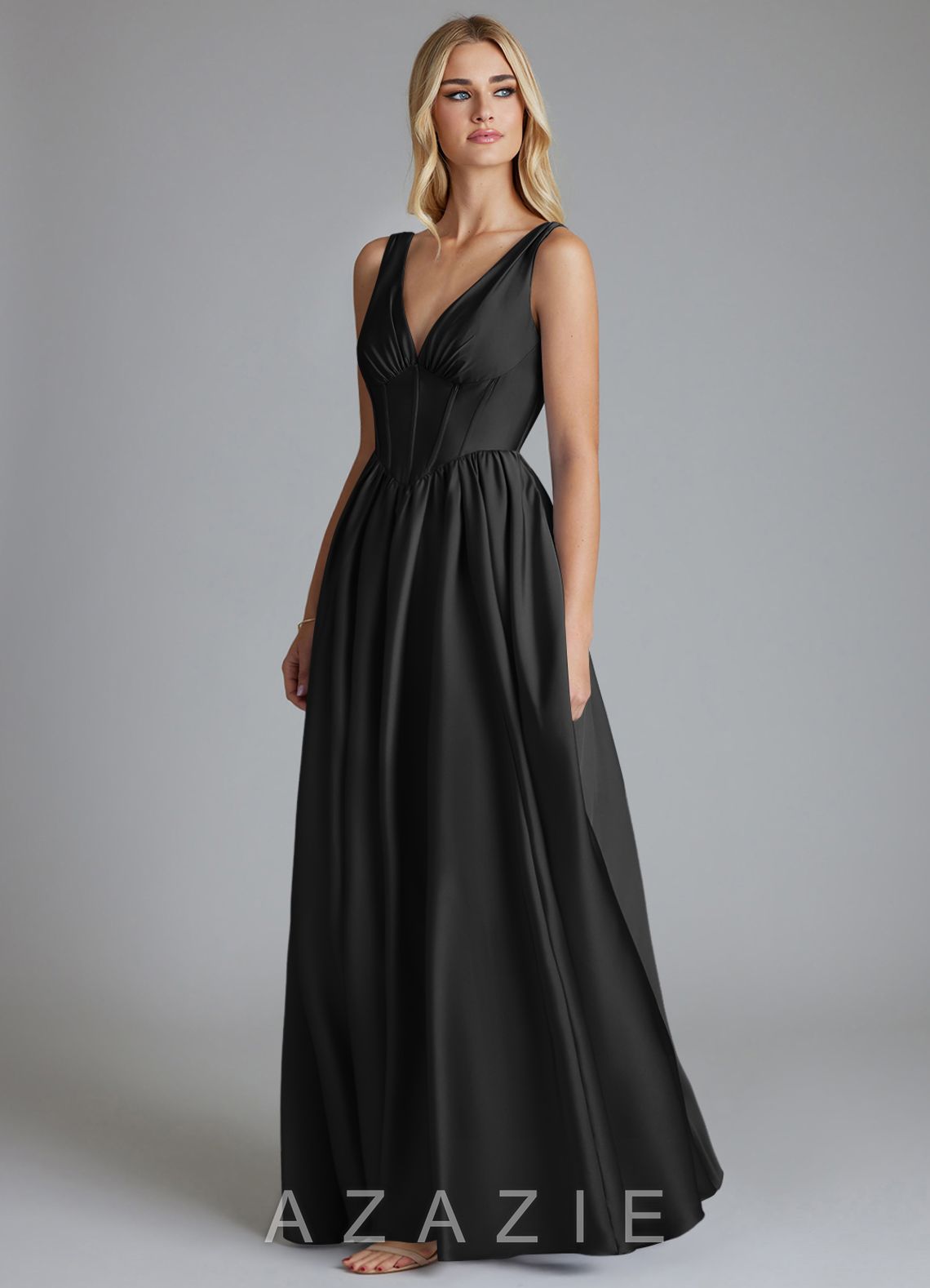 Azazie Delmie Black A-Line Corset Stretch Satin Dress black
