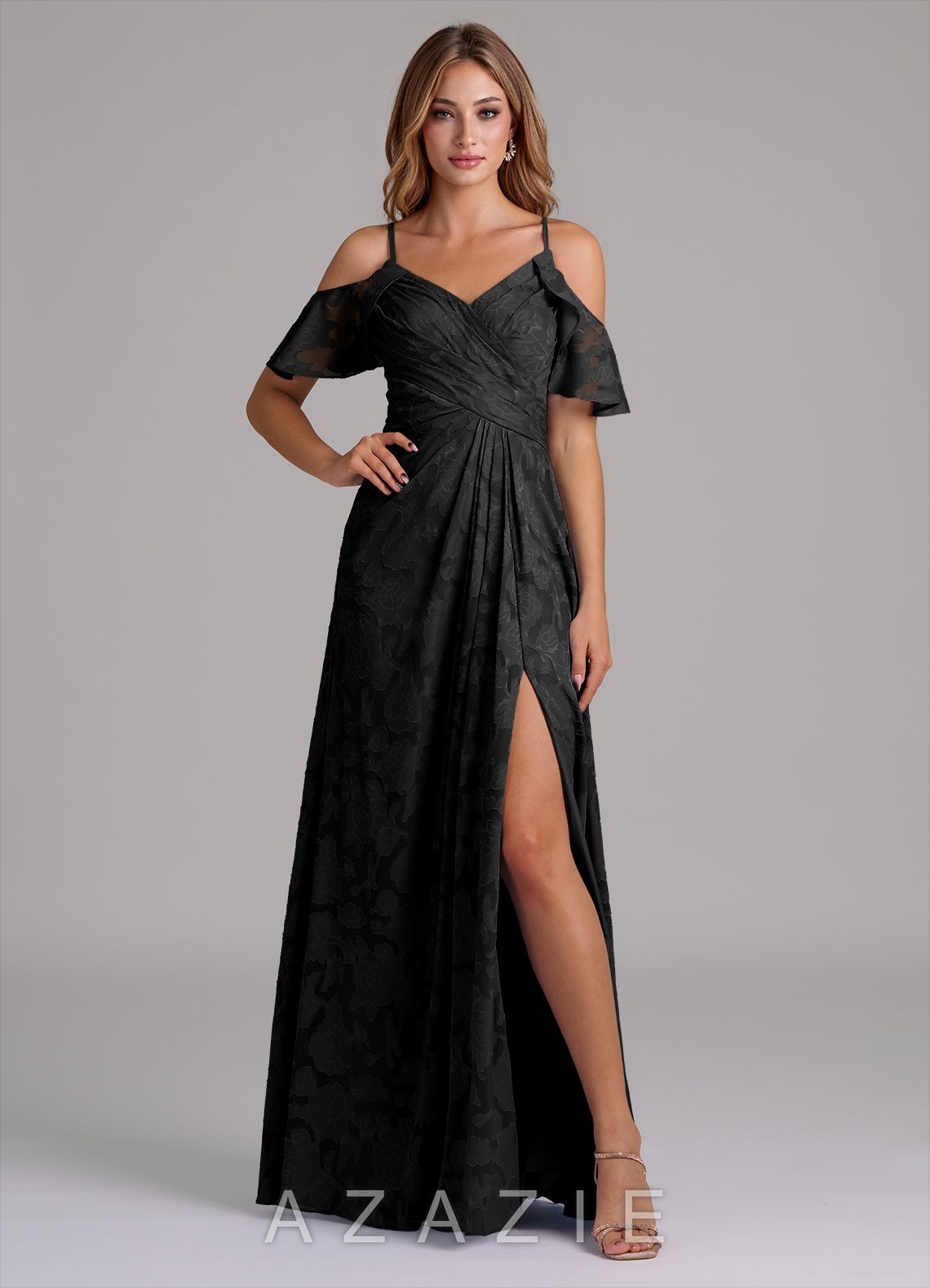 Azazie Dakota Black A-Line Off the Shoulder Floral Burnout Dress black