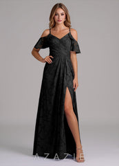 Azazie Dakota Black A-Line Off the Shoulder Floral Burnout Dress black