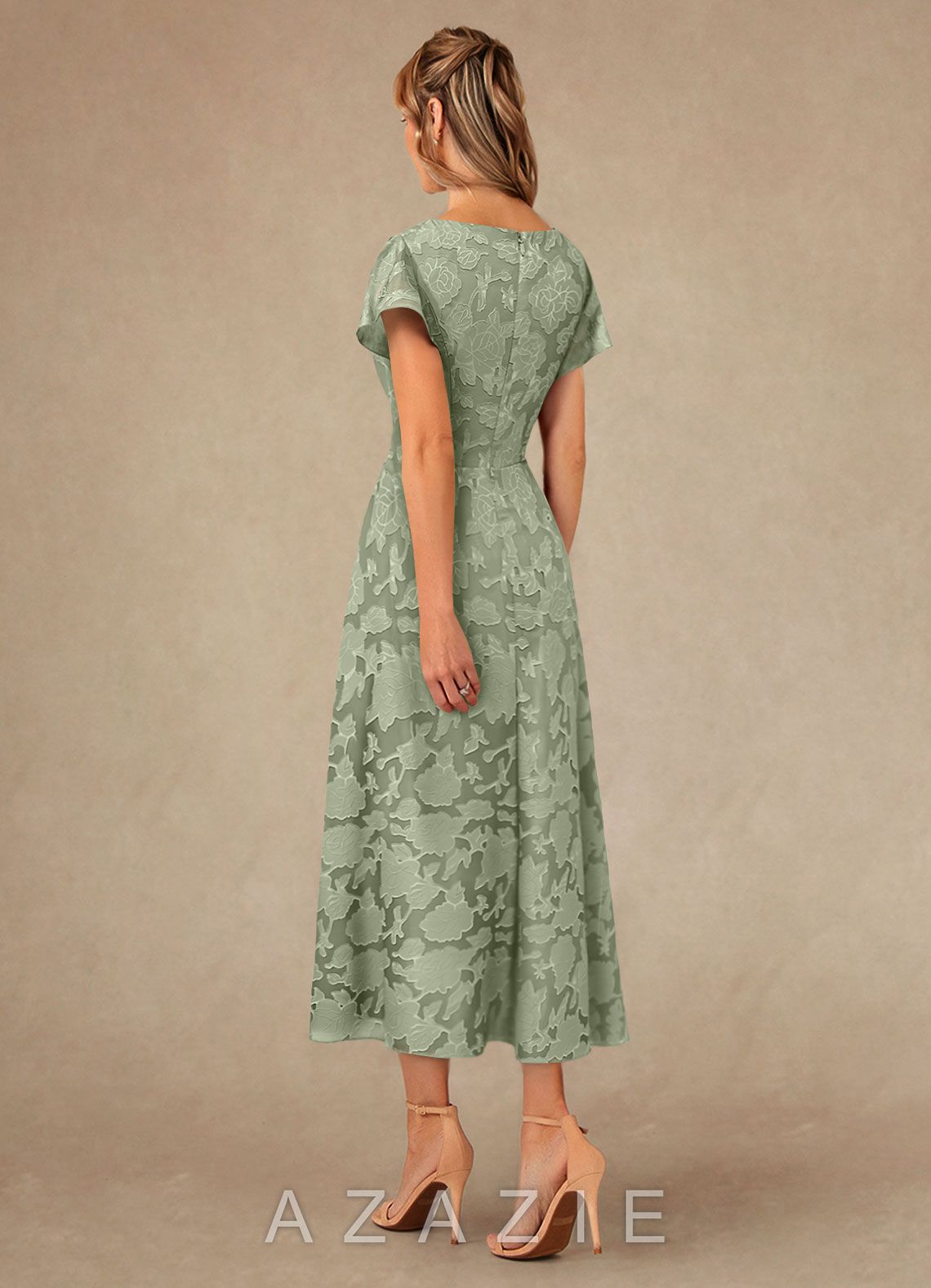 Azazie Vera Agave A-Line Pleated Floral Burnout Dress agave