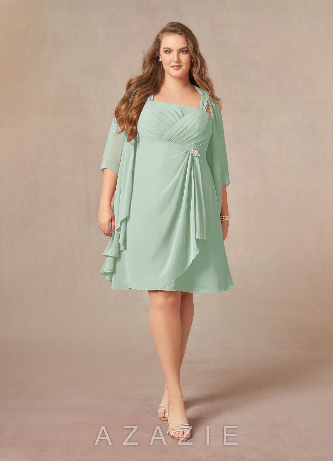 Azazie Olivia Agave A-Line Square Neckline Pleated Chiffon Dress agave