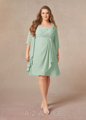 Azazie Olivia Agave A-Line Square Neckline Pleated Chiffon Dress agave