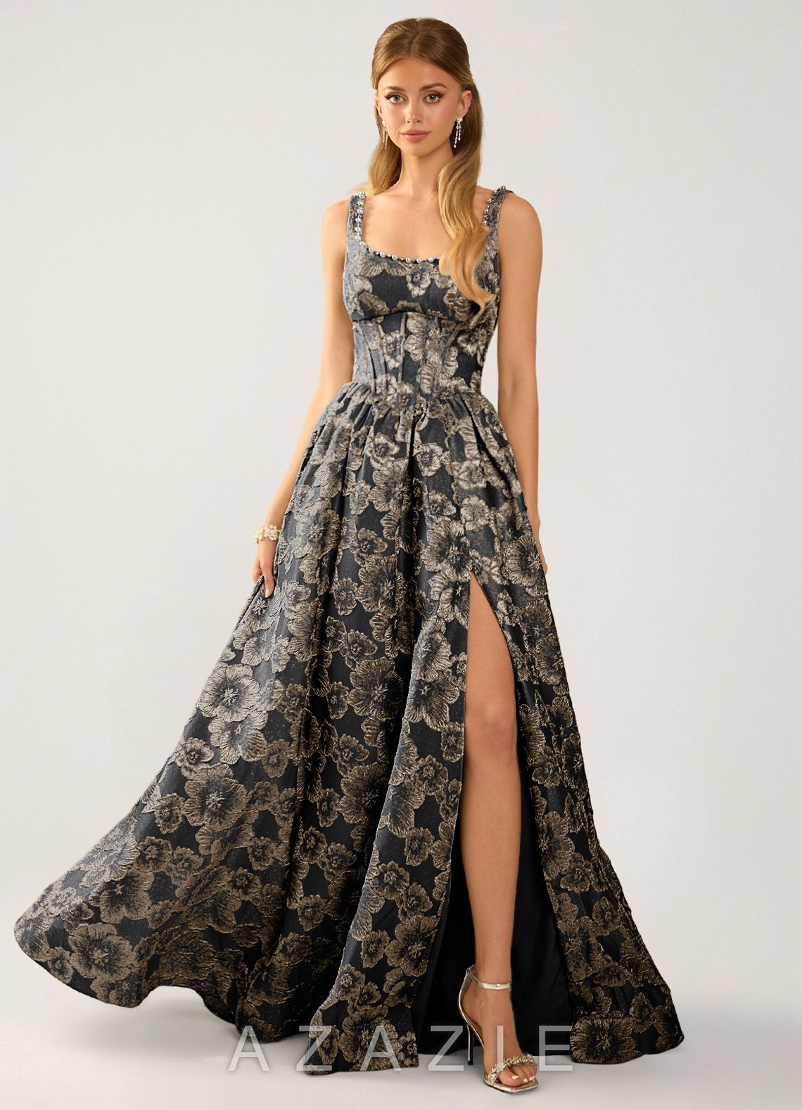Cimaya Black Square-Neck Jacquard Prom Dress