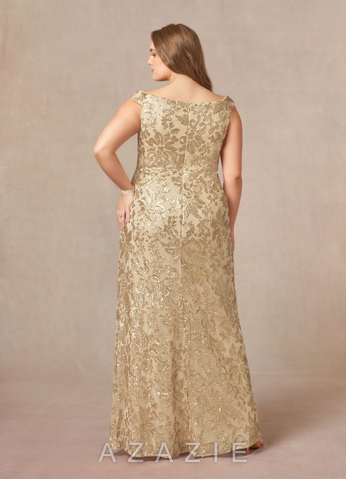 Azazie Porcelain Champagne A-Line Off the Shoulder Lace Dress champagne
