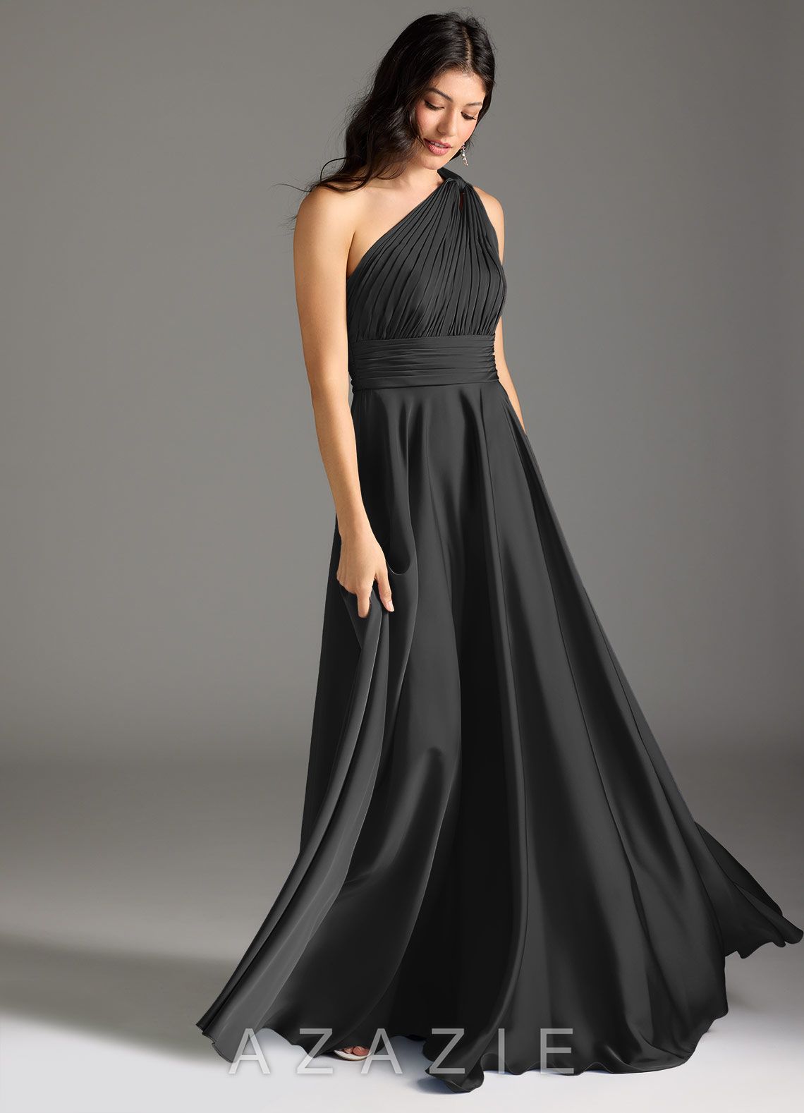 Azazie Charlize Black A-Line One Shoulder Stretch Satin Dress black