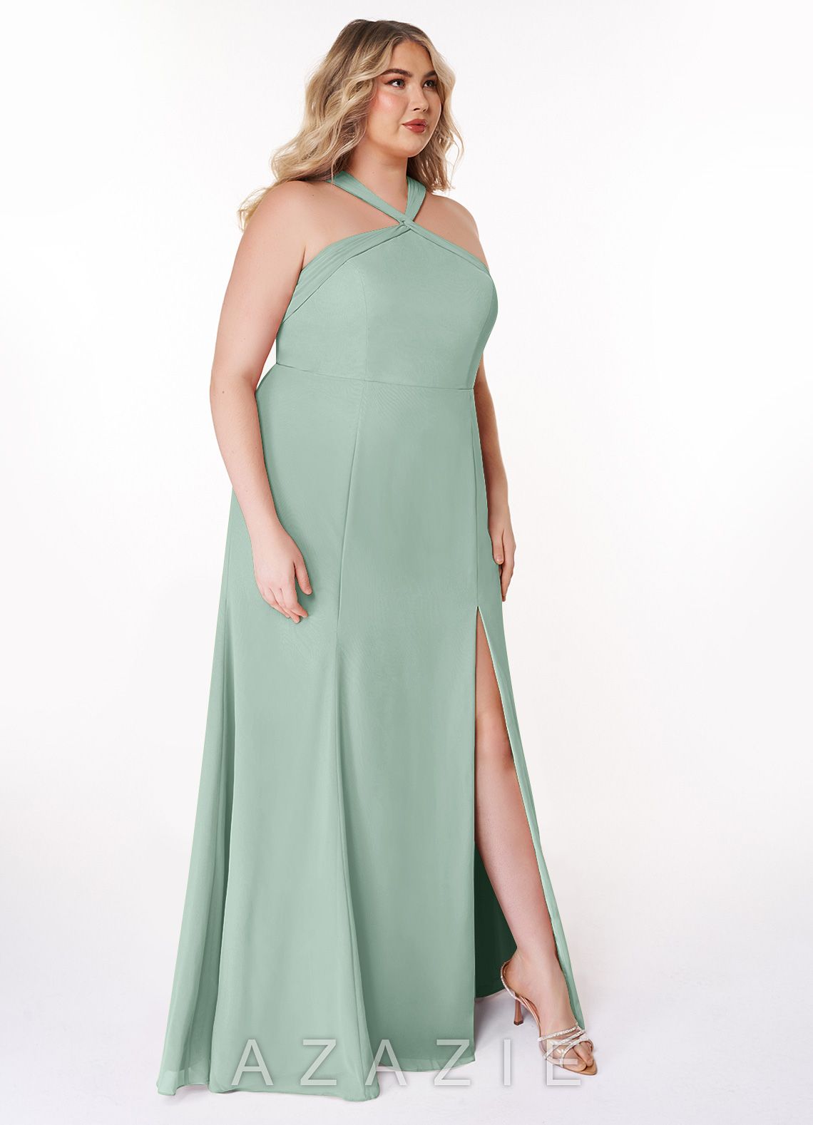 Azazie Rue Agave A-Line Halter Chiffon Dress agave