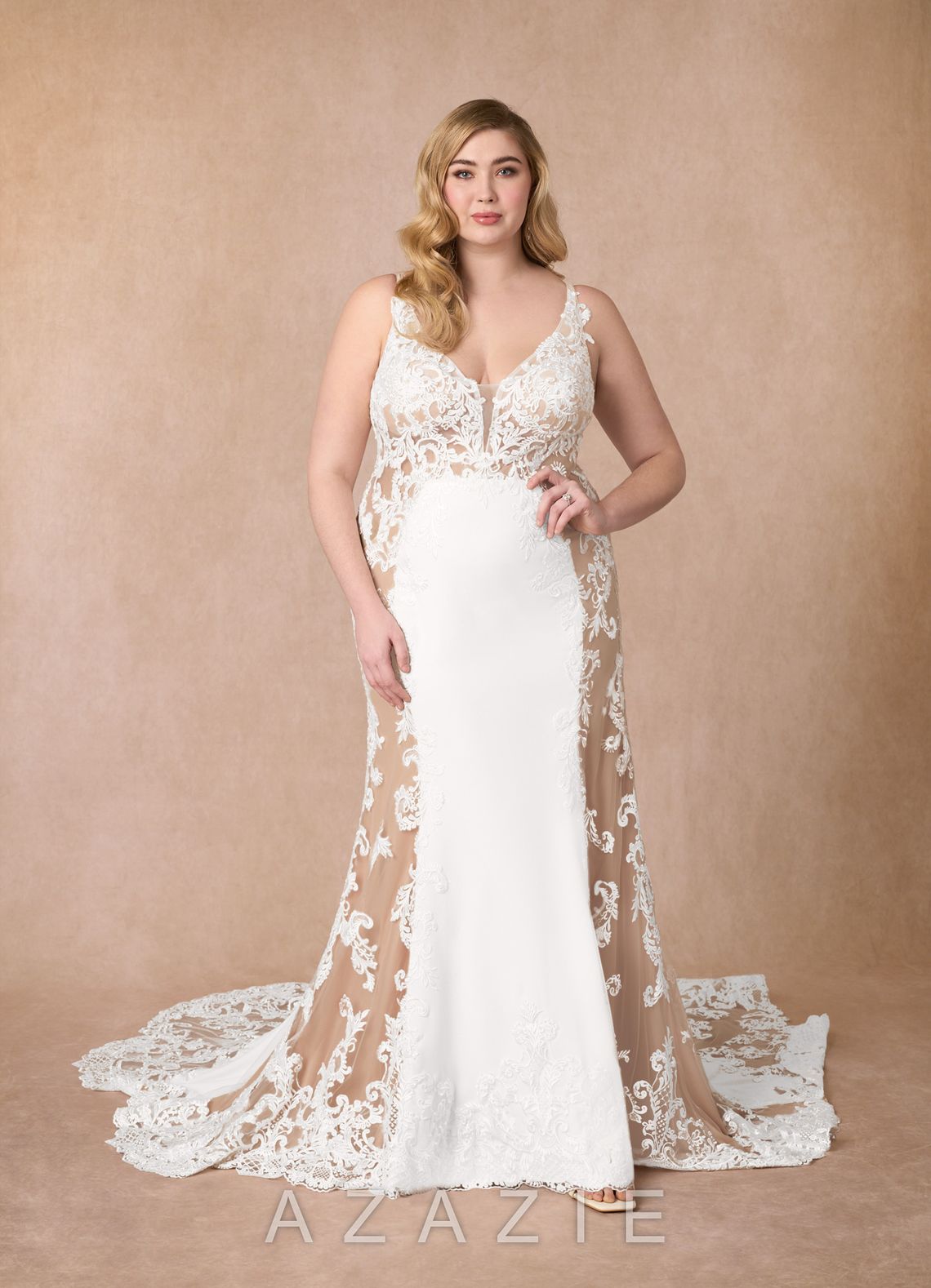 Azazie Estephanie Wedding Dress Diamond White Nude Mermaid Sequins Stretch Crepe Dress diamond_white/nude