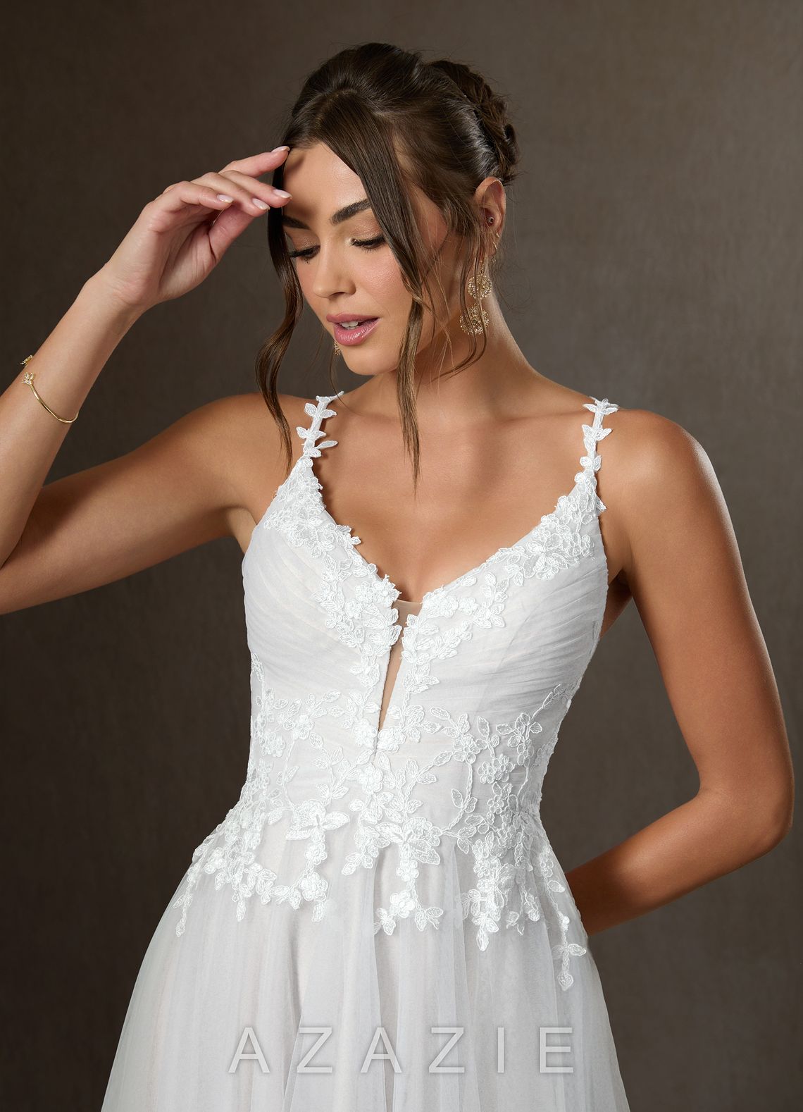 Azazie Devi Wedding Dress Diamond White A-Line V-Neck Lace Tulle Dress diamond_white