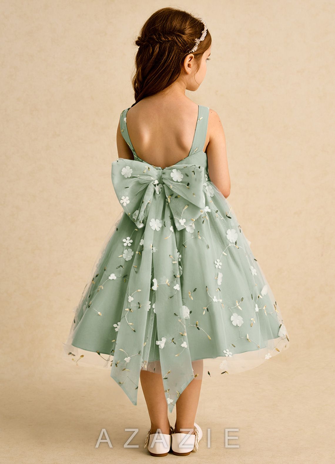 Azazie Bean Dusty Sage Ball-Gown Sleeveless Tulle Dress