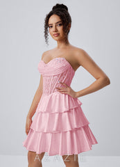 Maude Pink Strapless Floral Lace Corset Tiered Satin Mini Dress