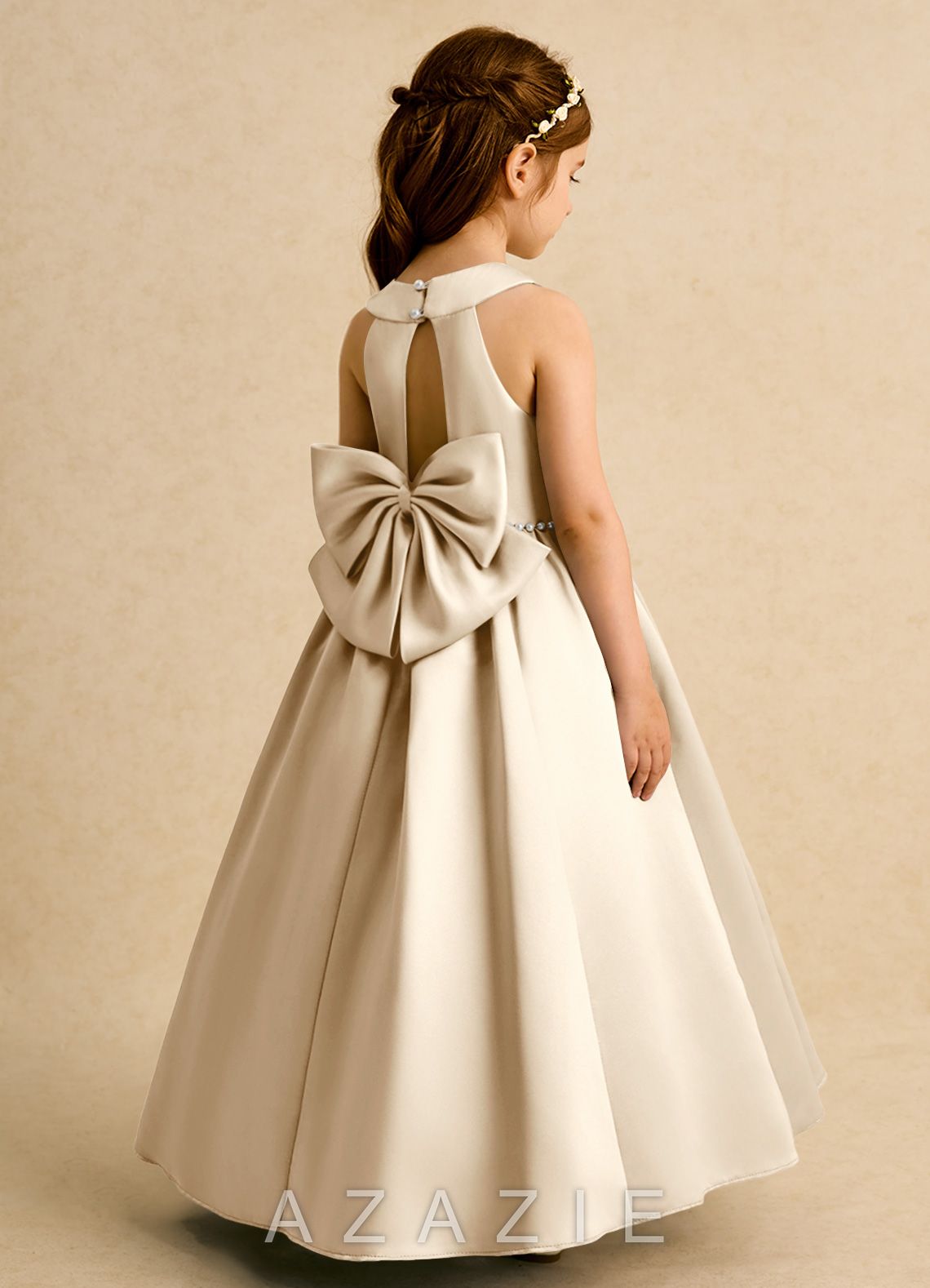 Azazie Daisies Champagne Ball-Gown Bow Matte Satin Dress