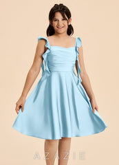 Azazie Kira Junior Sky Blue A-Line Ruched Stretch Satin Dress