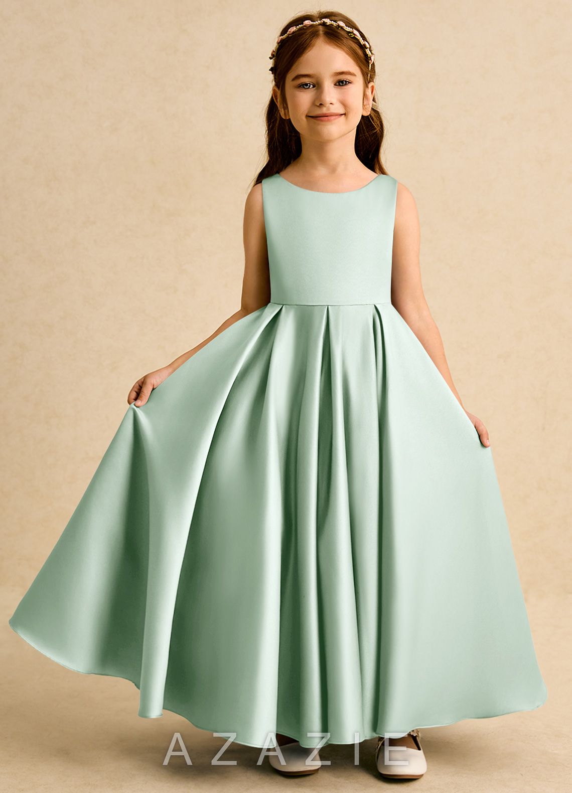 Azazie Pepper Agave A-Line Pleated Matte Satin Dress agave