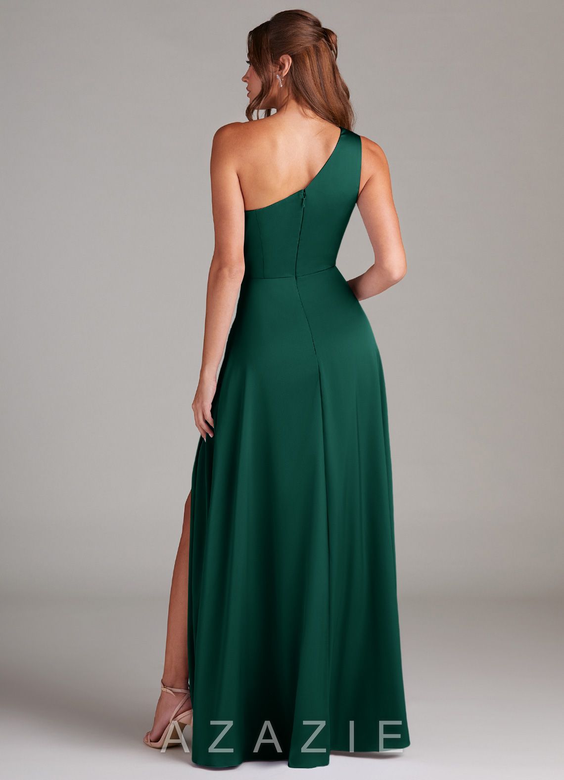 Azazie Brooke Emerald A-Line One Shoulder Stretch Satin Dress emerald