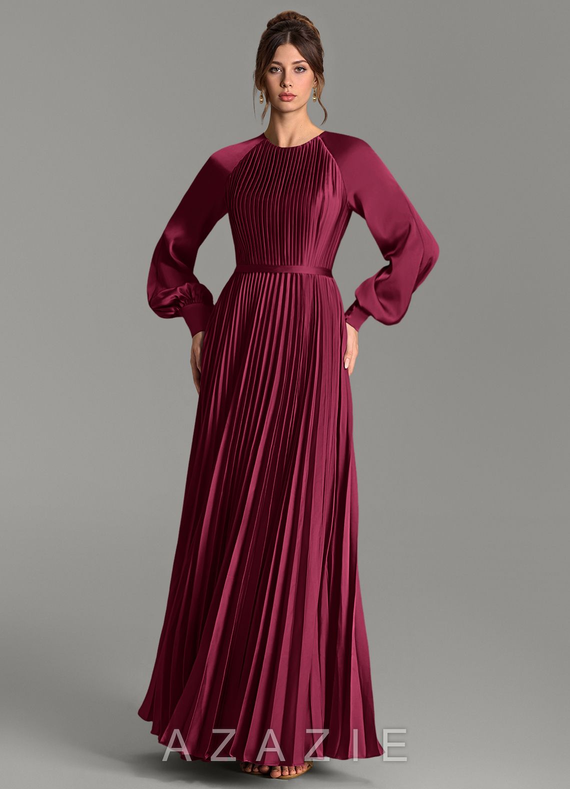 Azazie Grayson Burgundy A-Line Long Sleeve Stretch Satin Dress burgundy