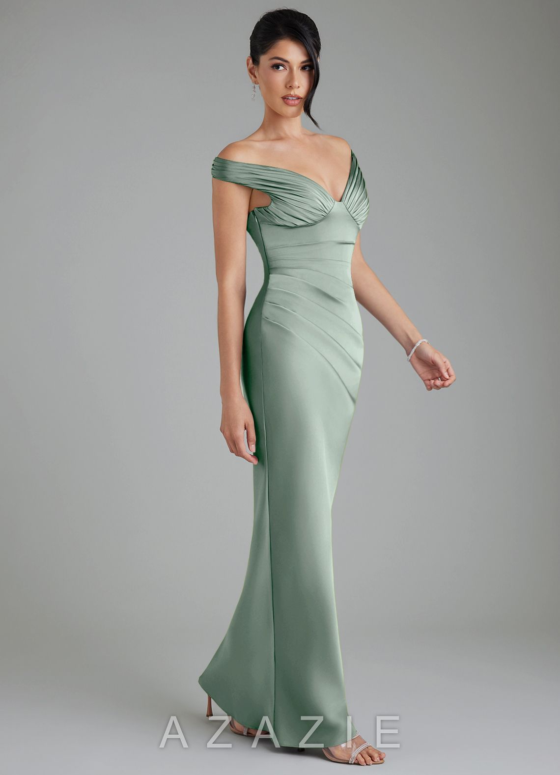 Azazie Stella Agave Sheath Corset Stretch Satin Convertible Dress agave