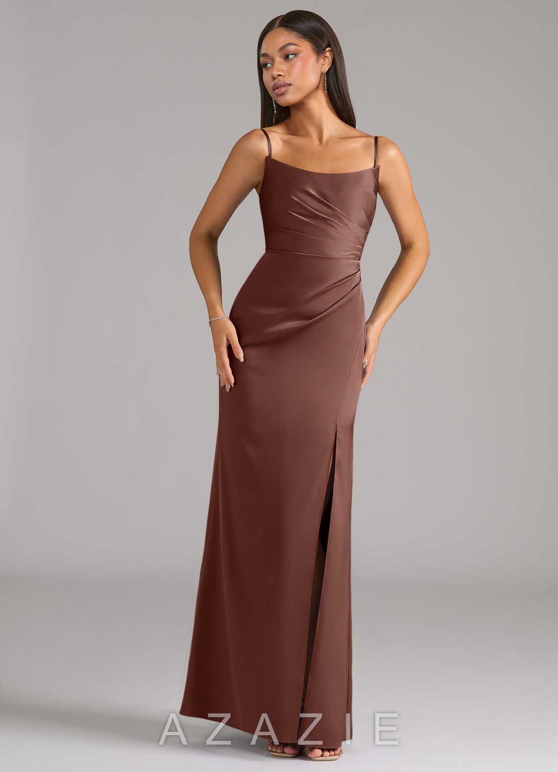 Azazie Marla Espresso Sheath Strapless Stretch Satin Convertible Dress espresso