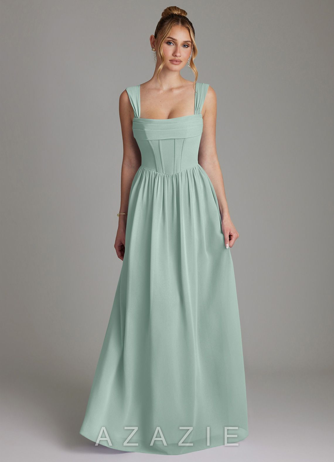 Azazie Caterina Agave A-Line Corset Chiffon Dress agave