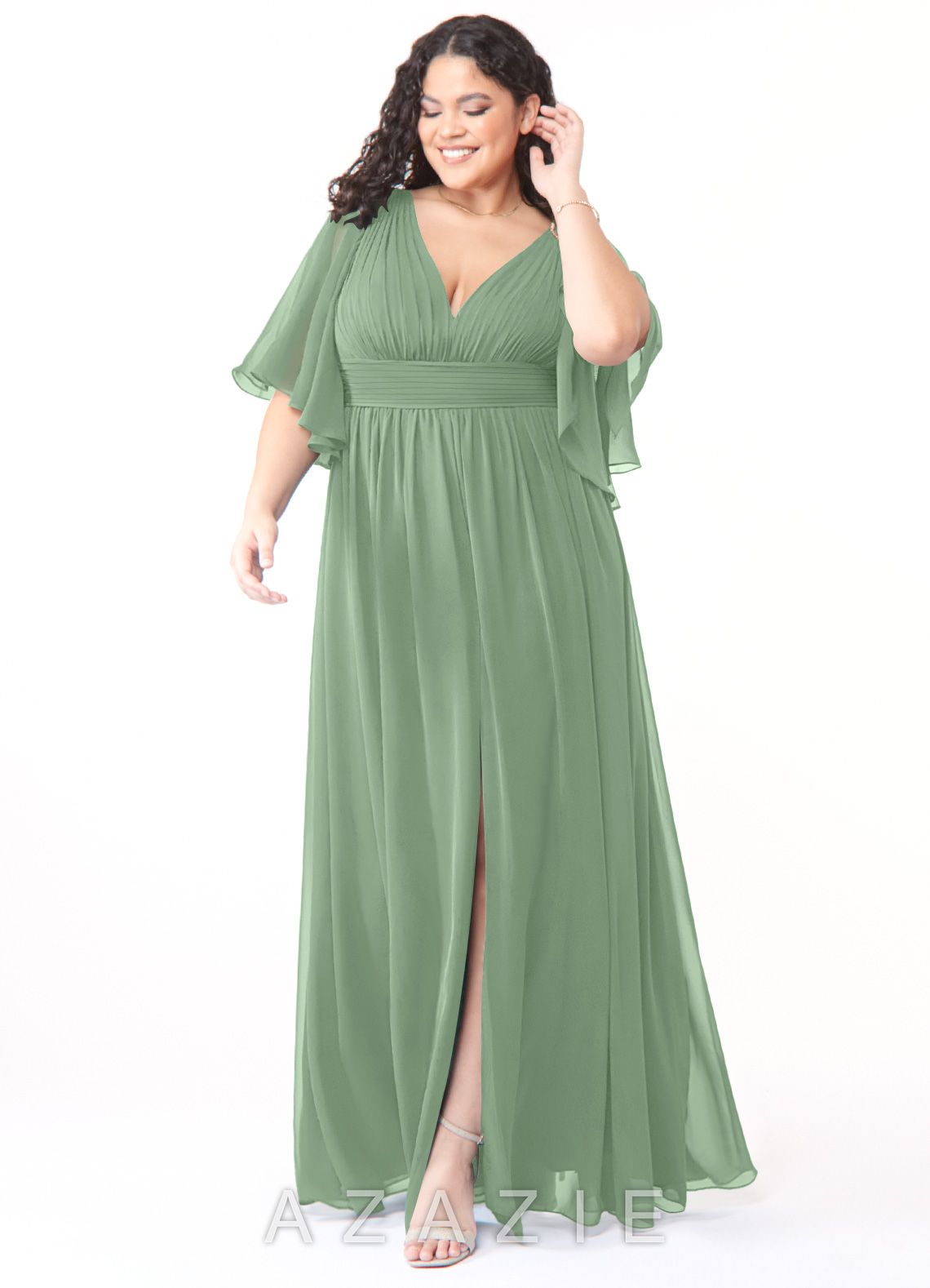 Azazie Temeka Matcha A-Line Ruched Chiffon Dress matcha