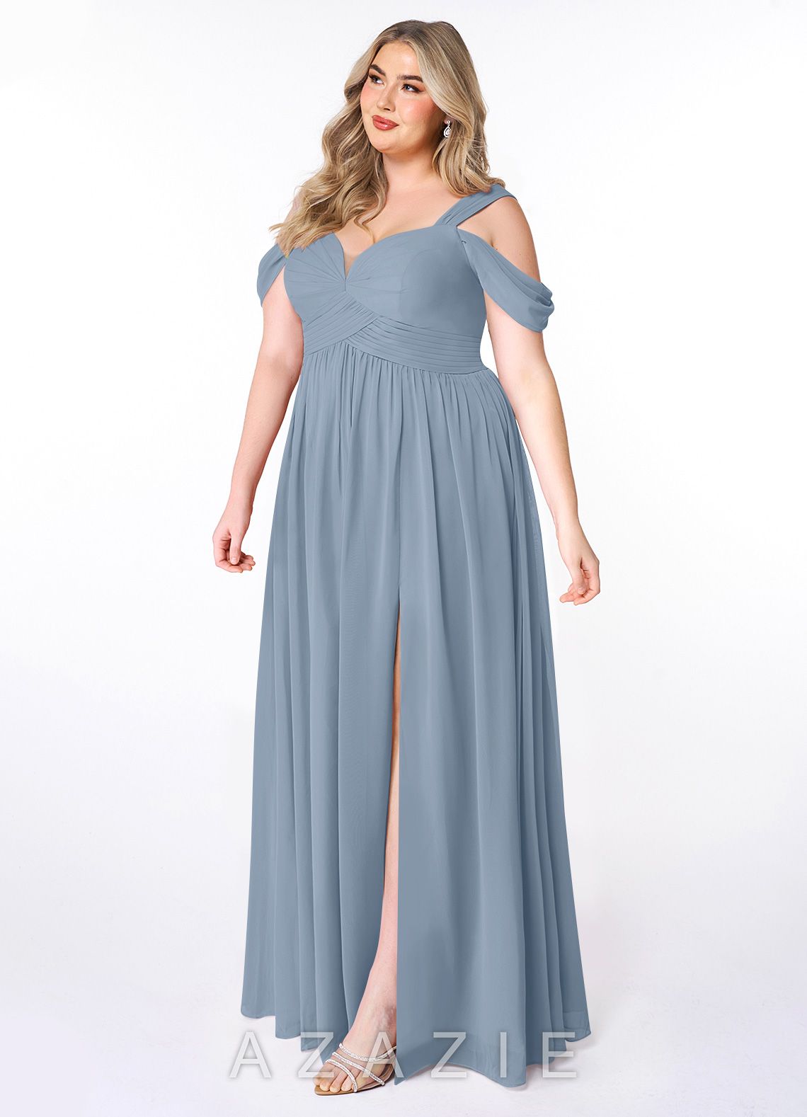 Azazie Lianne Dusty Blue A-Line Off the Shoulder Chiffon Dress dusty_blue