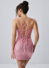 Milleca Pink Sequins Corset Lace-Up Mini Dress