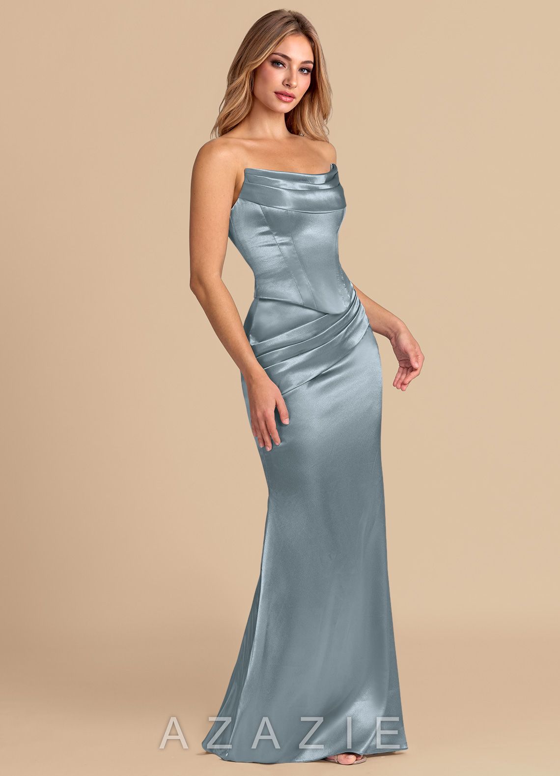 Azazie Sorrel Dusty Blue Mermaid Corset Metallic Satin Convertible Dress dusty_blue