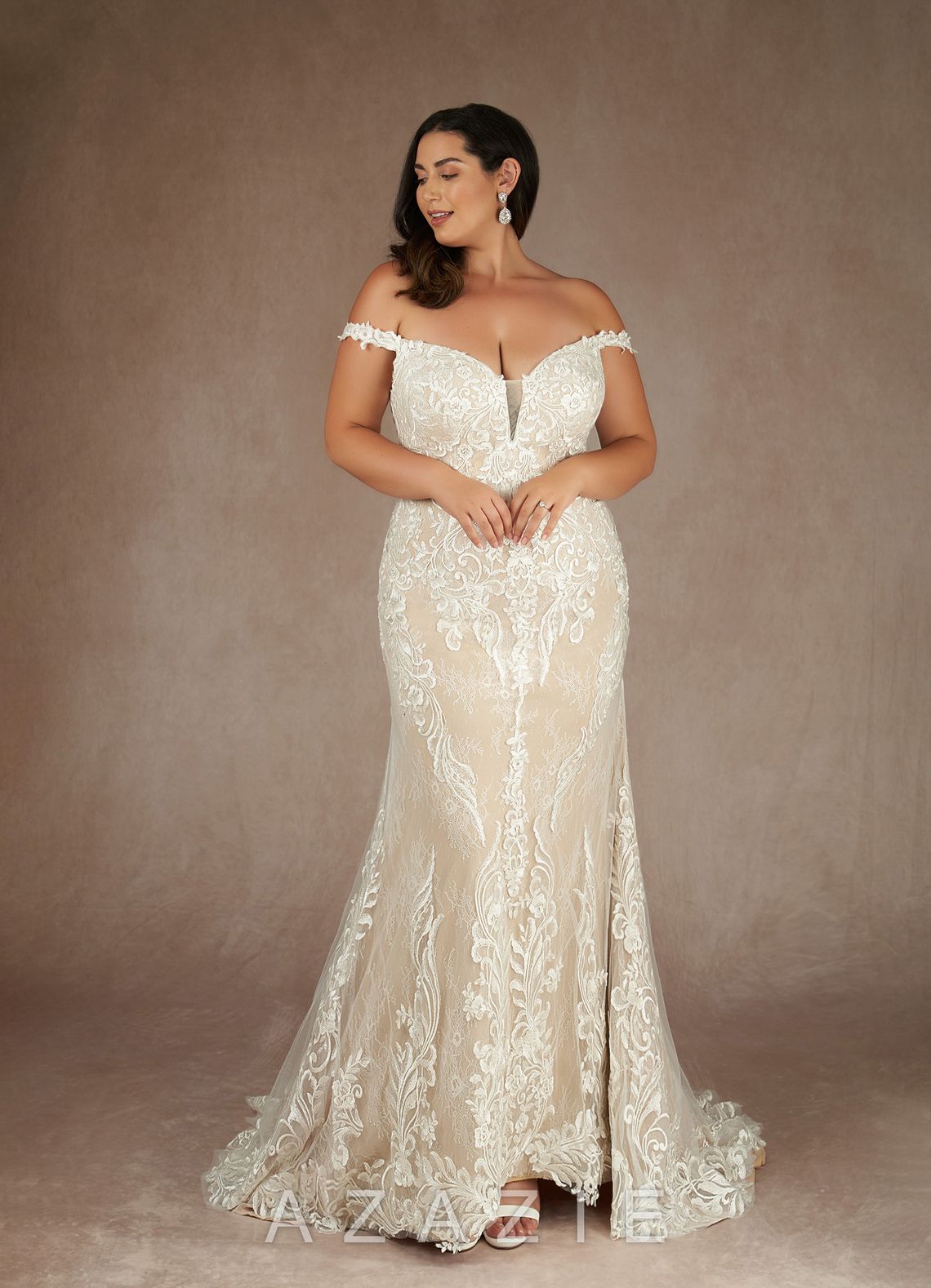 Azazie Memphis Wedding Dress Diamond White Nude Mermaid V-Neck Sequins Lace Dress diamond_white/nude