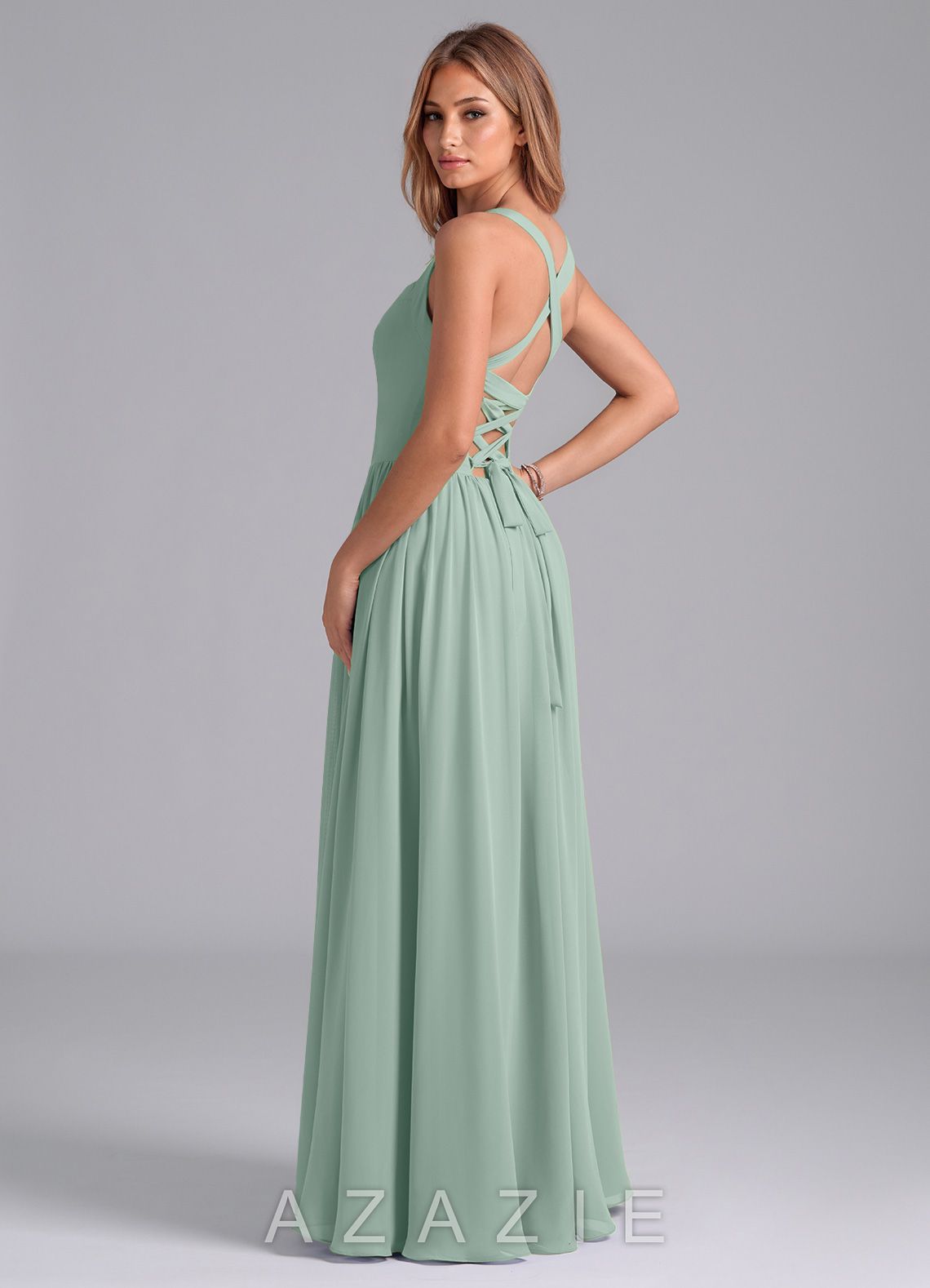 Azazie Francis Agave A-Line Corset Chiffon Dress agave