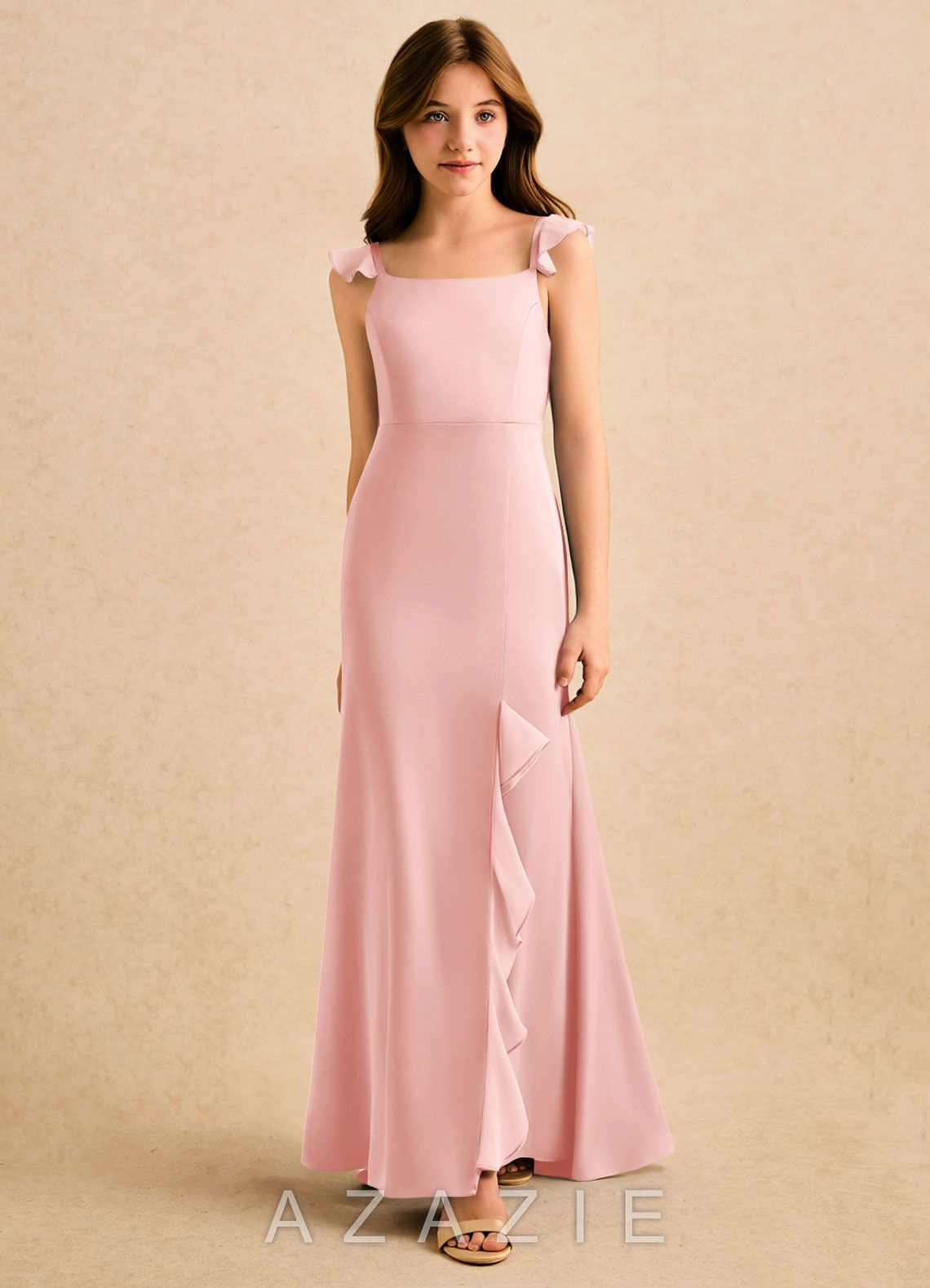 Azazie Novalie Girls Formal Powder Pink Mermaid Bow Stretch Satin Dress powder_pink