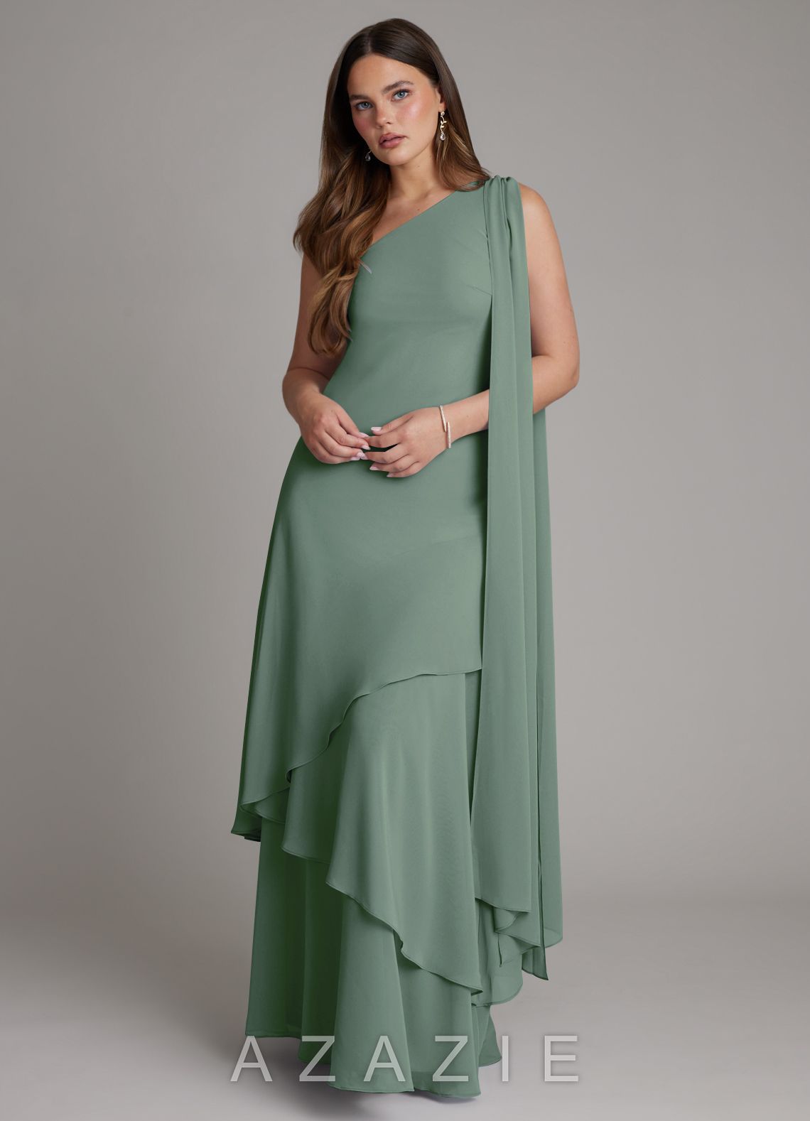 Azazie Monique Eucalyptus A-Line One Shoulder Chiffon Dress