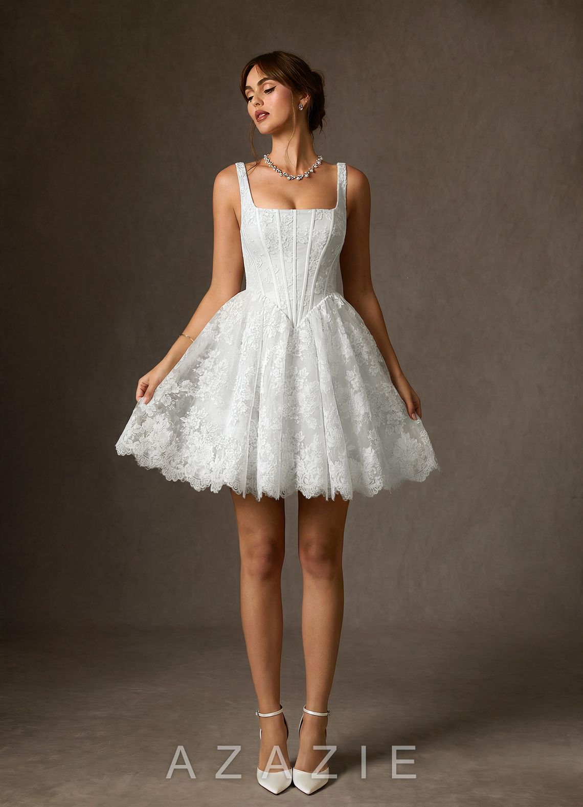 Azazie Nolicia Diamond White Ball-Gown Square Neckline Lace Dress