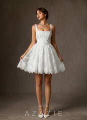 Azazie Nolicia Diamond White Ball-Gown Square Neckline Lace Dress