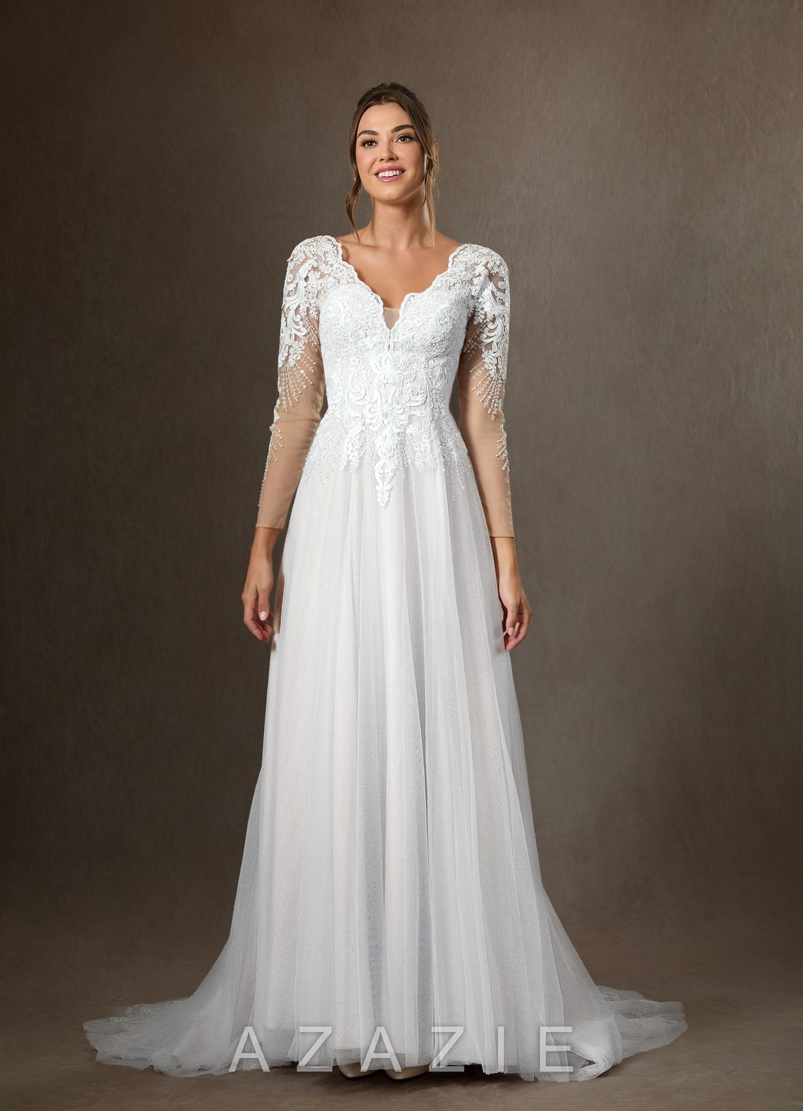 Azazie Essy Wedding Dress Diamond White A-Line V-Neck Sequins Tulle Dress diamond_white