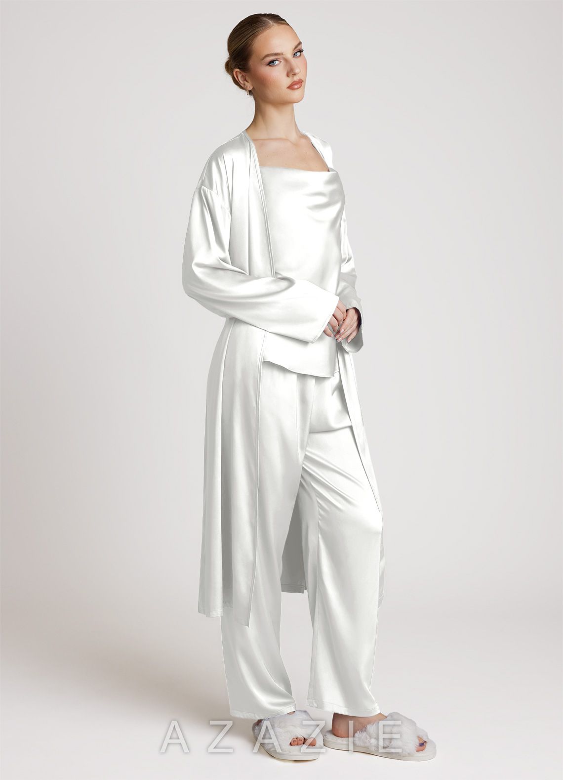 Satin Long Sleeves 3-Piece Loungewear Set  white