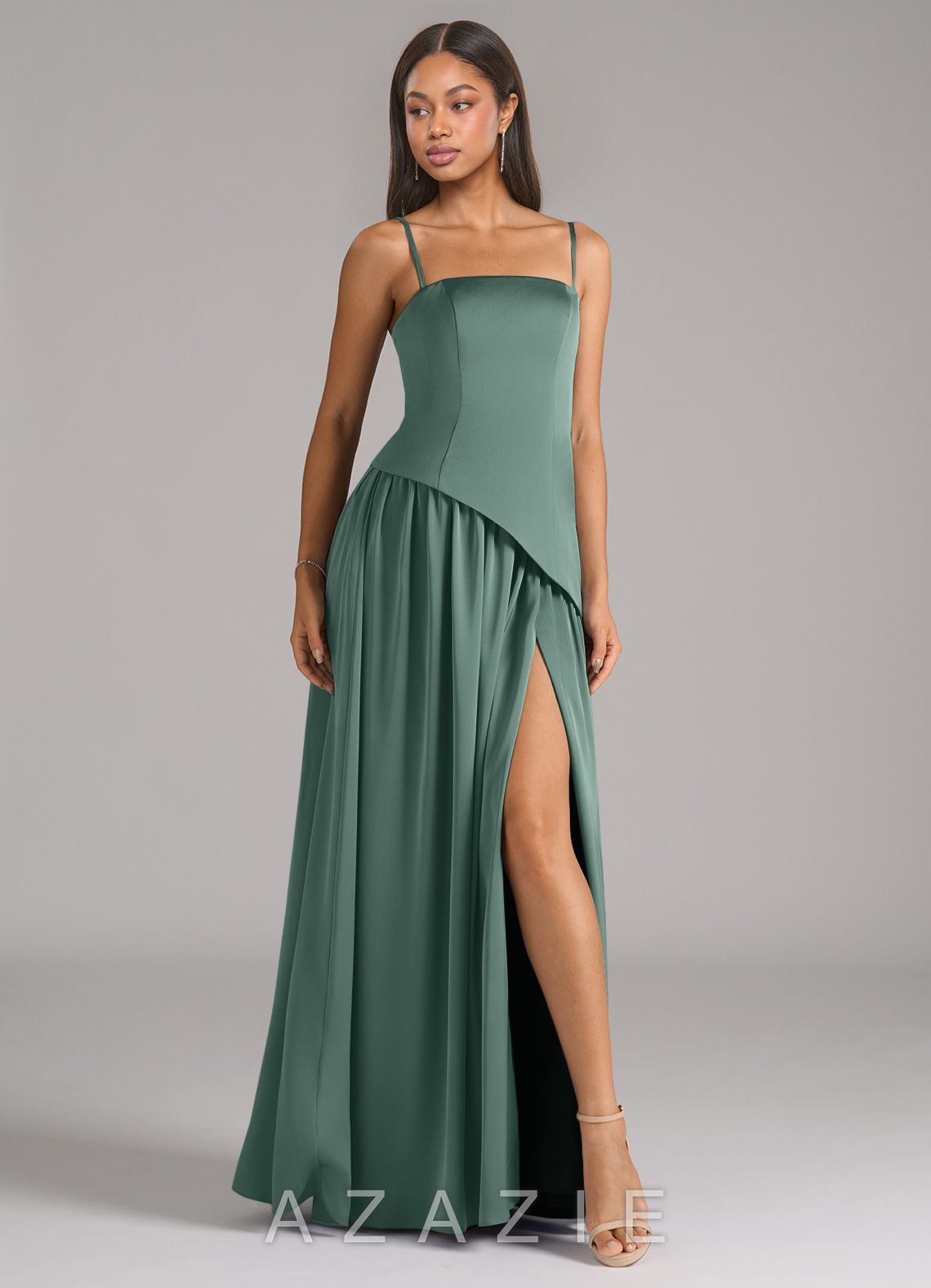 Azazie Adeline Eucalyptus A-Line Strapless Stretch Satin Convertible Dress eucalyptus