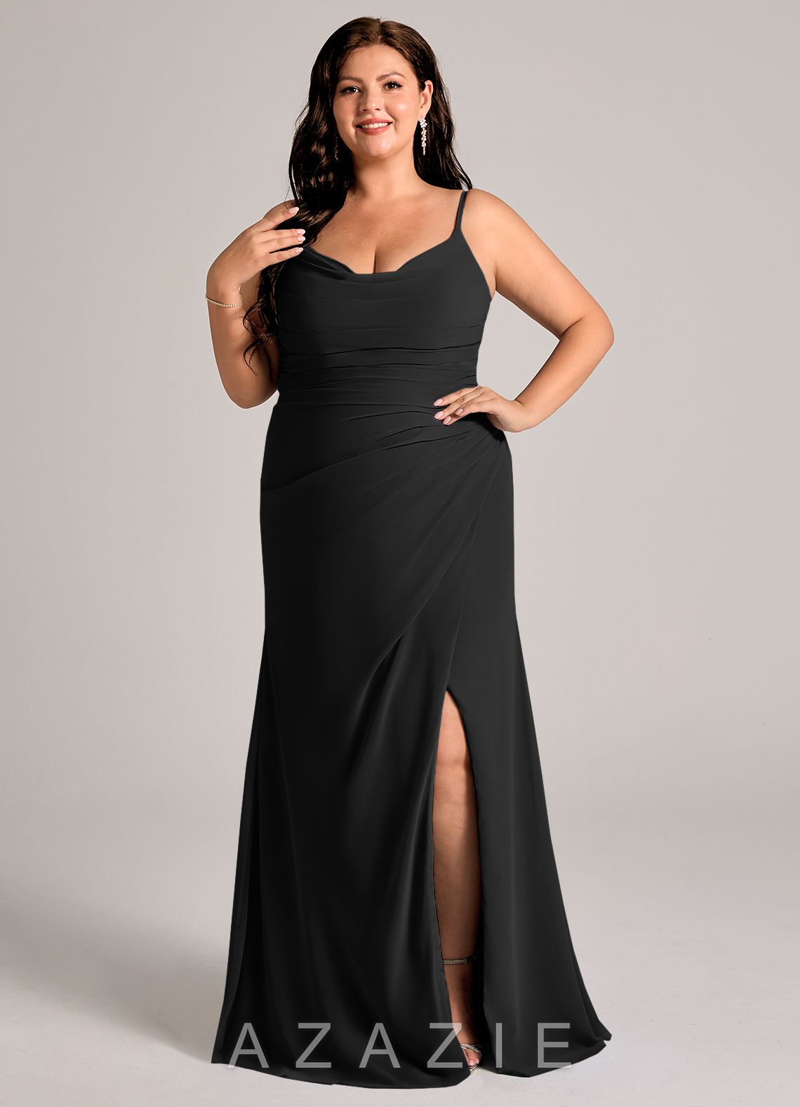 Azazie Deandra Black Mermaid Pleated Chiffon Dress black