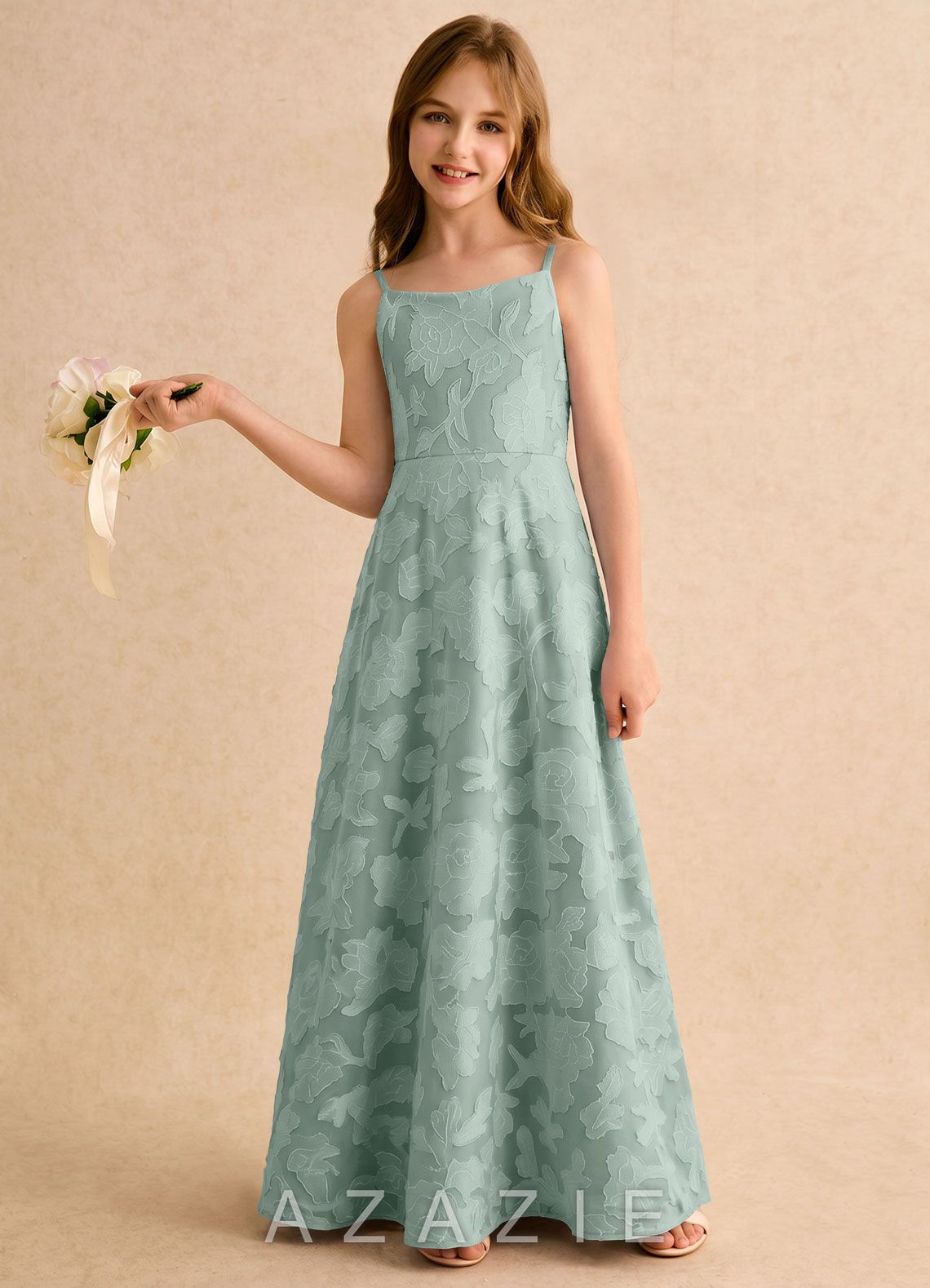 Azazie Jaella Girls Formal Agave A-Line Pleated Floral Burnout Dress agave