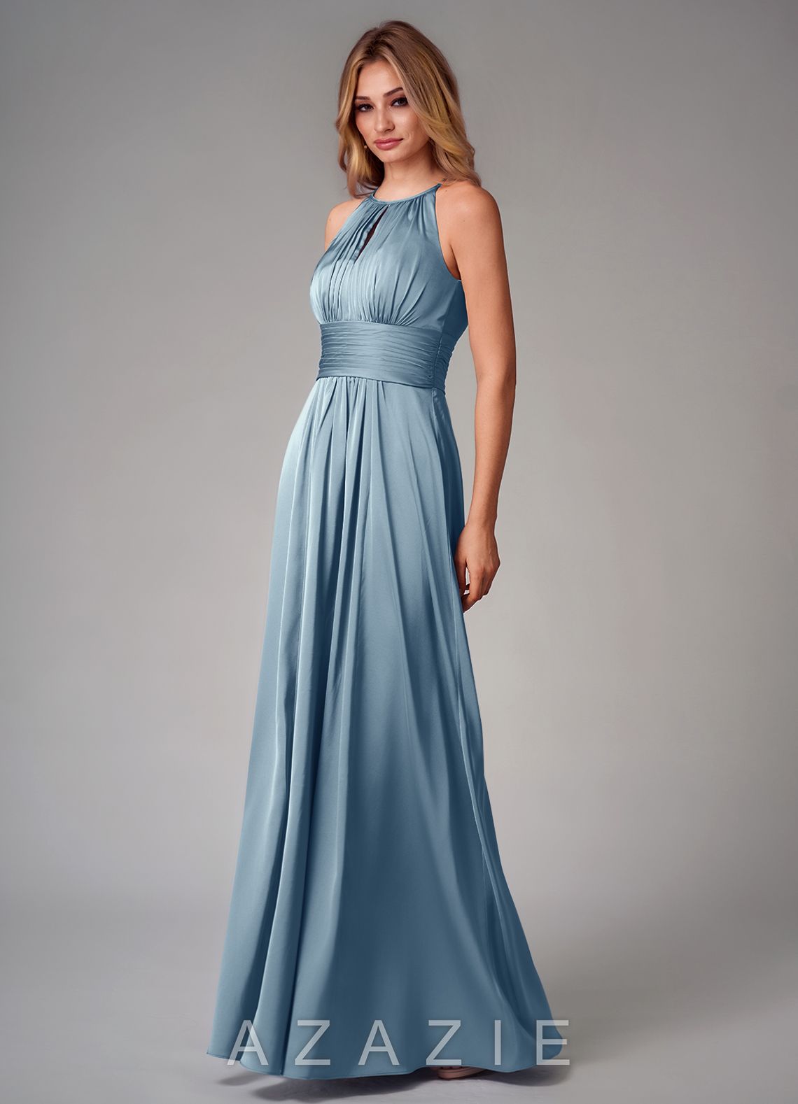 Azazie Bonnie Dusty Blue A-Line Pleated Stretch Satin Dress dusty_blue