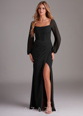 Azazie Charissa Black Sheath Long Sleeve Chiffon Dress