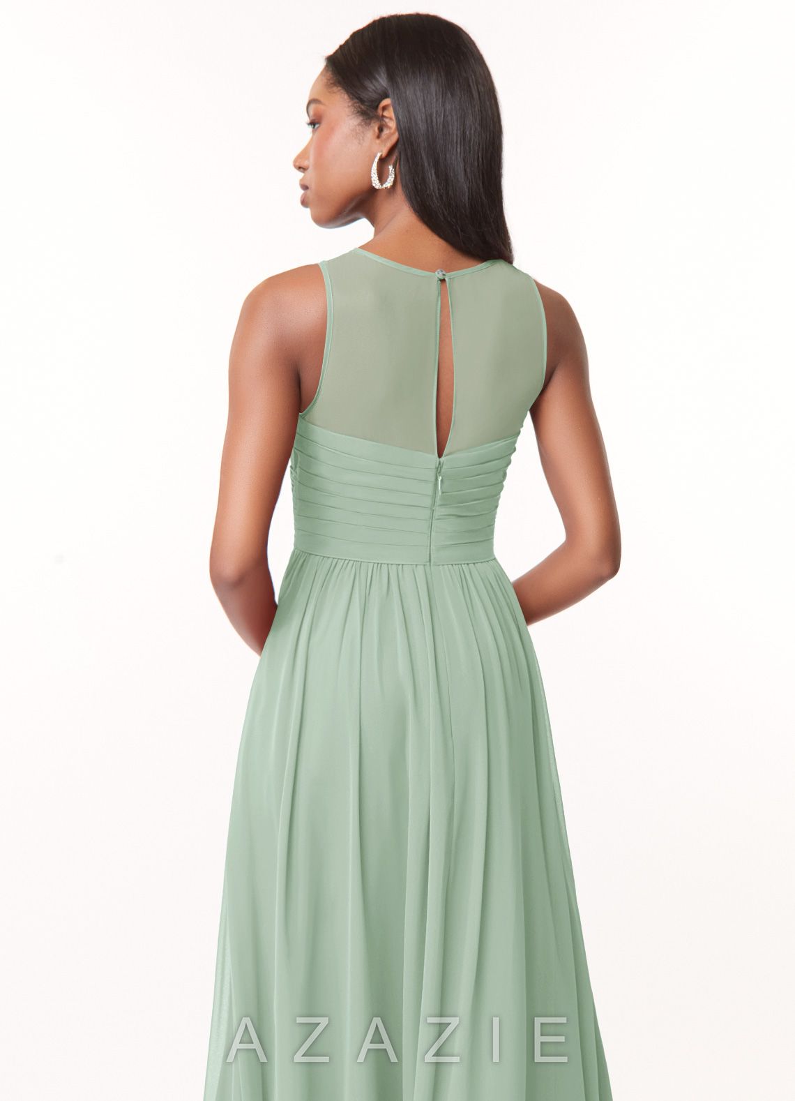 Azazie Nina Agave A-Line Pleated Chiffon Dress agave