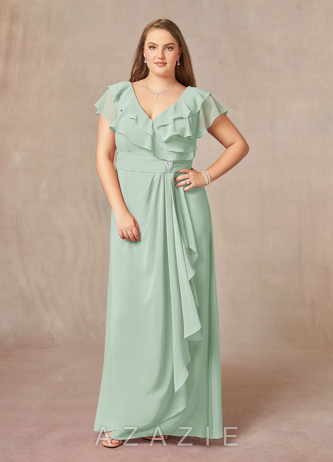 Azazie Snapdragon Agave A-Line V-Neck Ruched Chiffon Dress agave