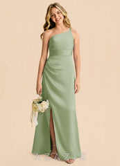 Azazie Eren Junior Dusty Sage Sheath Pleated Stretch Satin Dress dusty_sage