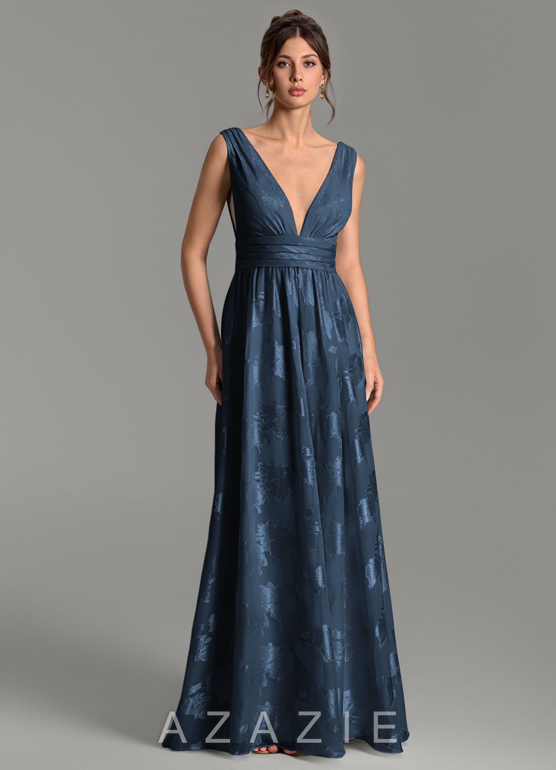 Azazie Vanessa Dark Navy A-Line Pleated Floral Jacquard Burnout Dress dark_navy