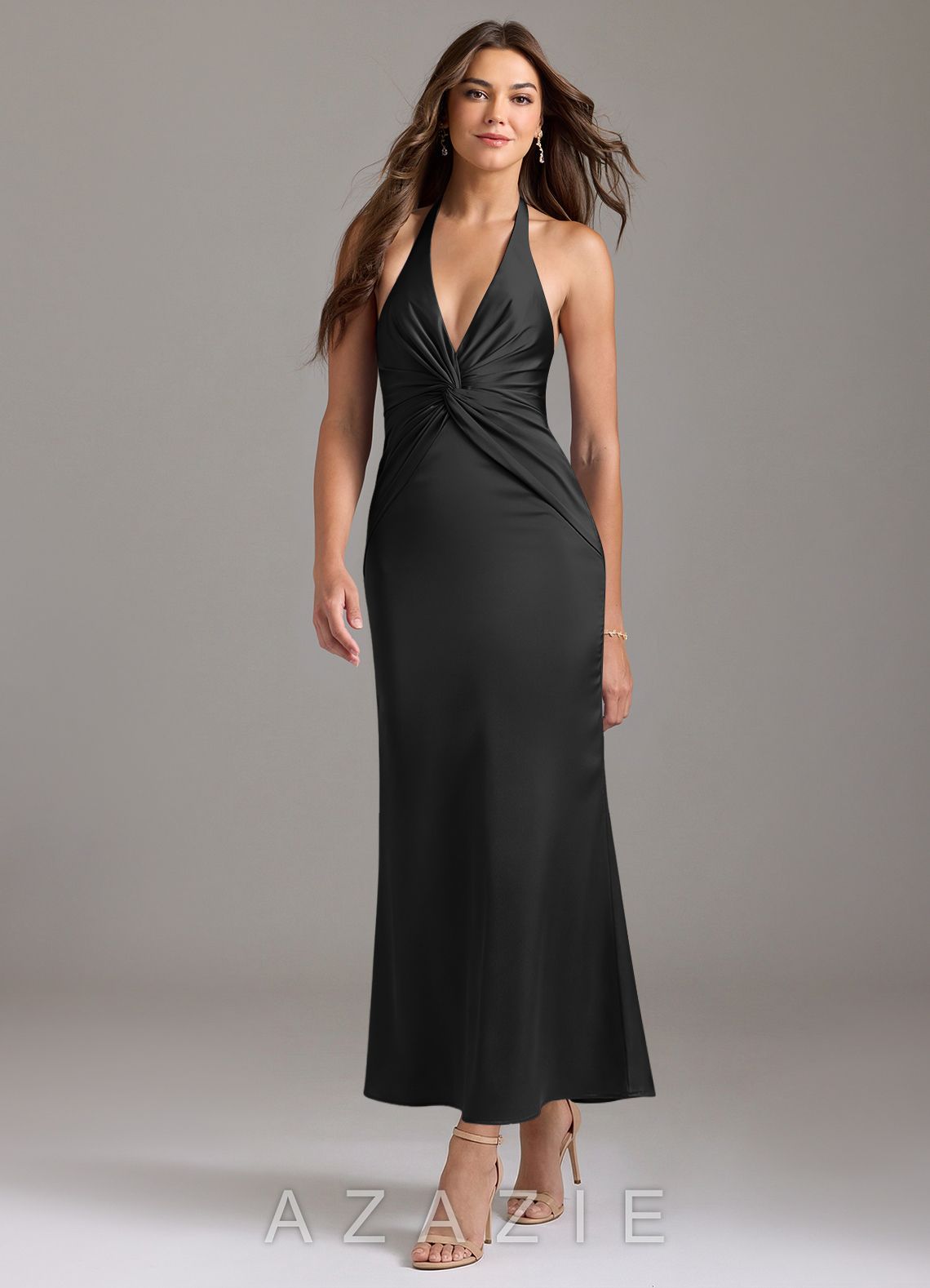 Azazie Valerie Black Mermaid Pleated Stretch Satin Dress black