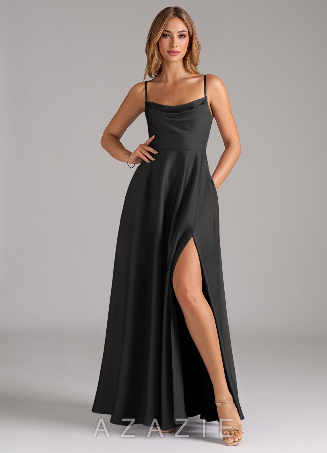Azazie Elle Black A-Line Pleated Stretch Satin Dress black