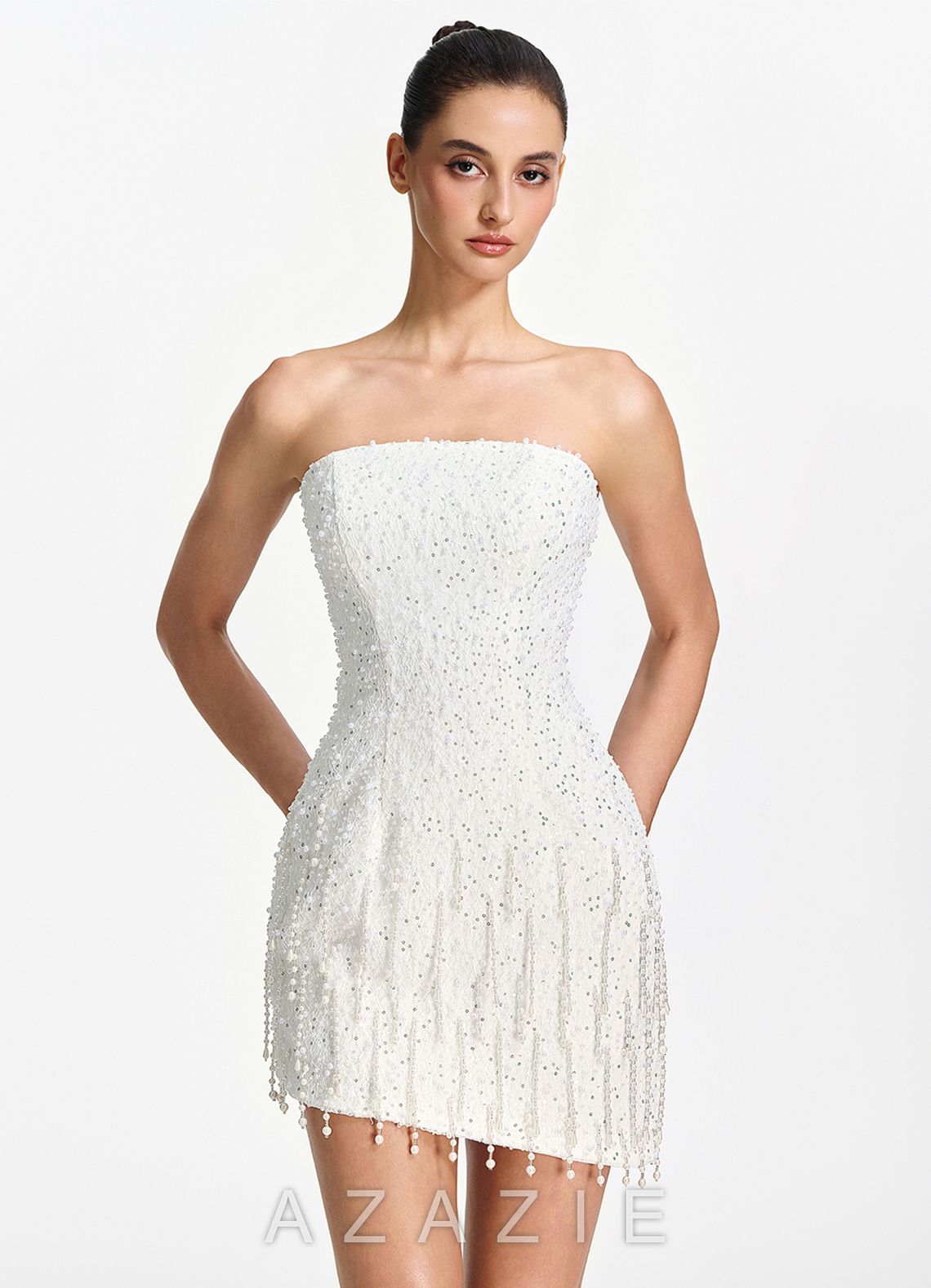 Mahault White Strapless Beaded Fringe Lace Up Mini Dress