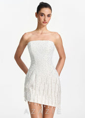 Mahault White Strapless Beaded Fringe Lace Up Mini Dress