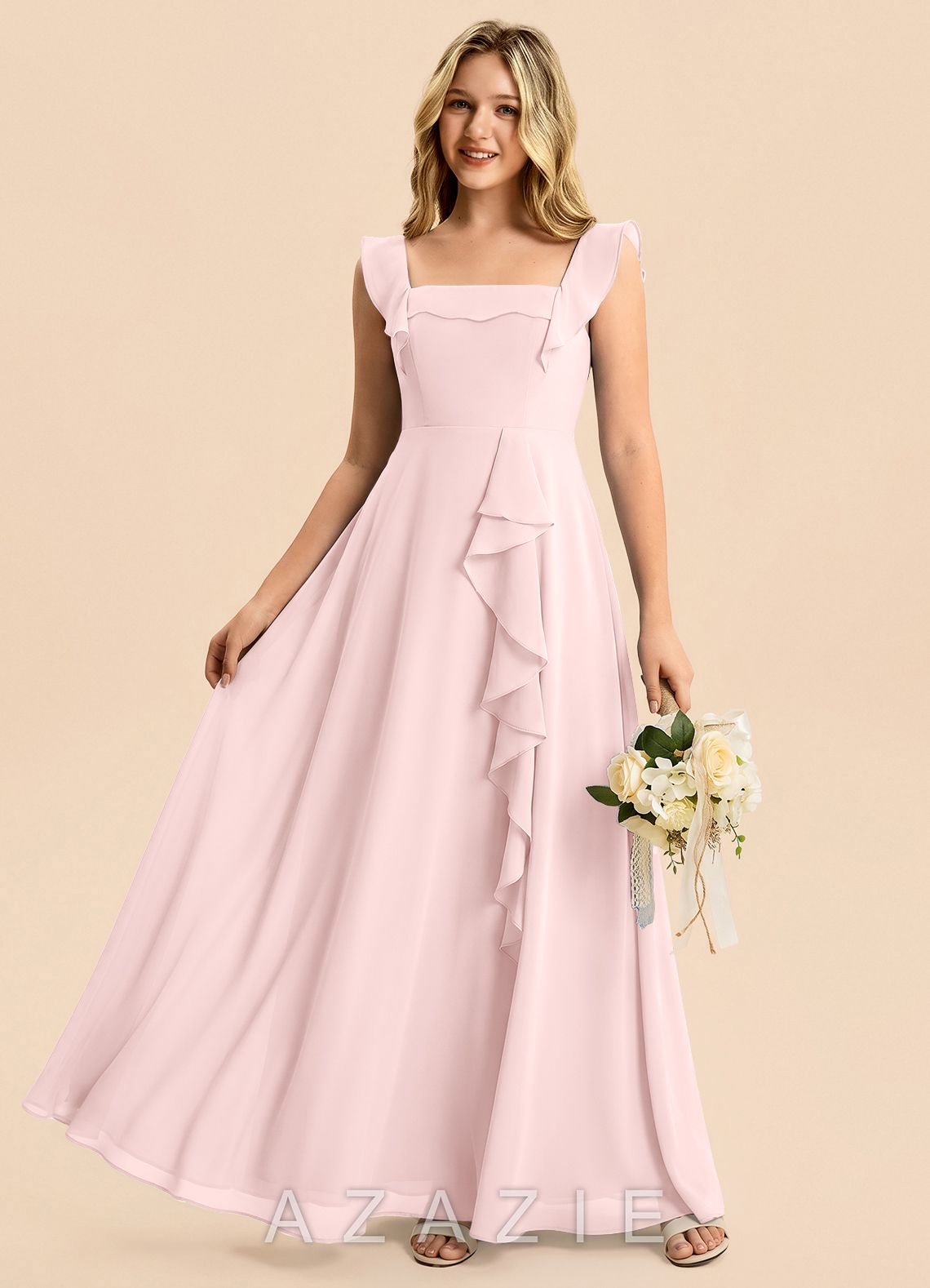 Azazie Nori Junior Blushing Pink A-Line Ruched Chiffon Dress blushing_pink