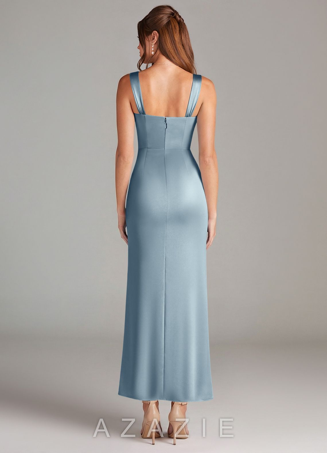 Azazie Denice Dusty Blue Sheath Pleated Stretch Satin Dress dusty_blue